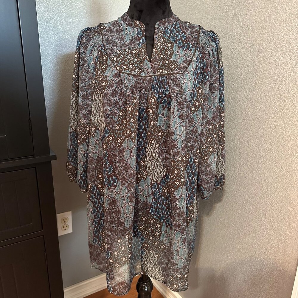 a.n.a A New Approach Blouse Women's L Tunic Mosaic Print Boho Flowy Sheer Floral